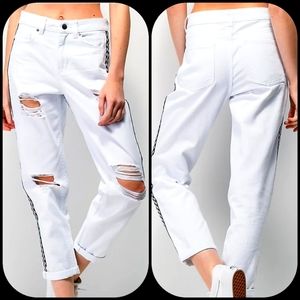 Distressed Checker Stripe Mom Jeans